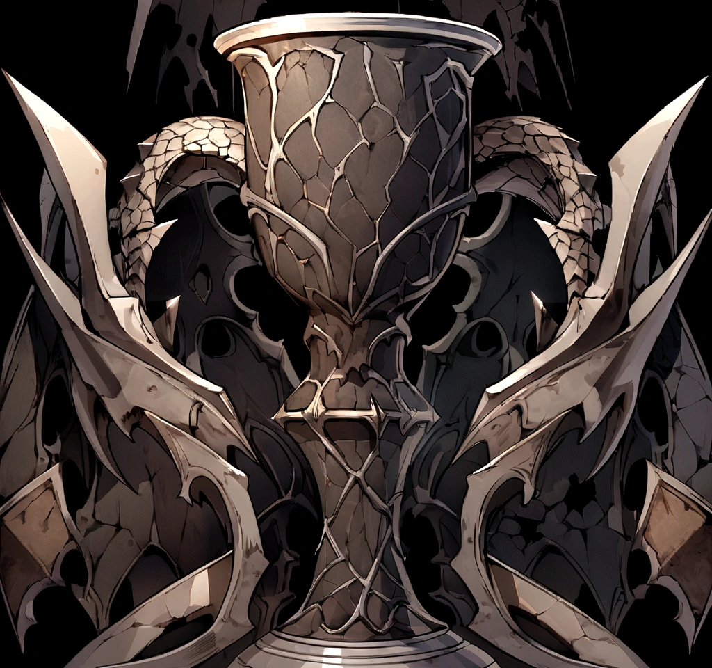 fantasy medieval cup old and cracked, no background no character , no splash, chalice (extreme detail) add dragon parts to the cup, black parts, image in the center of the page no parts cut off, detail, spikes black
