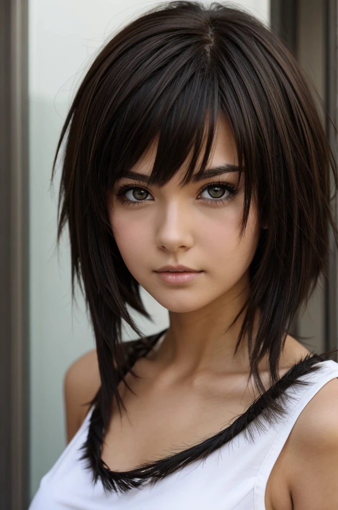anime girl, brunette with short hair, black eyed brunette, strands on the sides half full