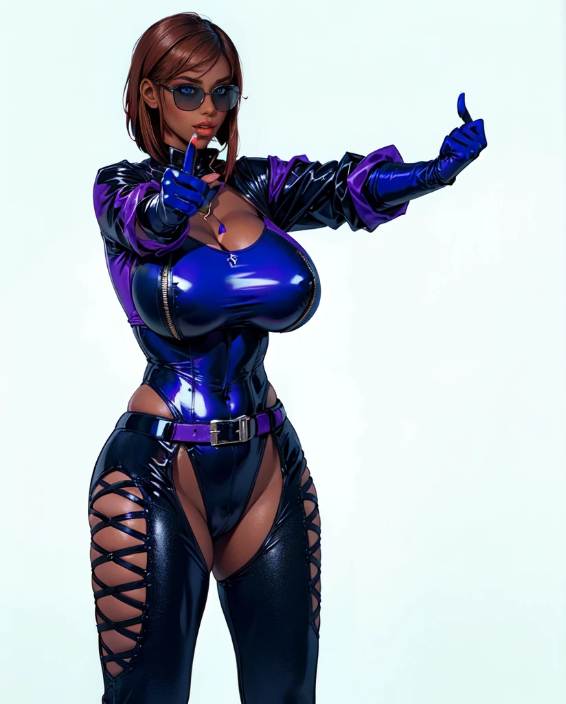 women,red brown boob haircut, dark skin, blakc long hair, black sunglasses,, white Bodysuit, belt,big breast, standing,mouth open,showing finger,sticks out his tongue