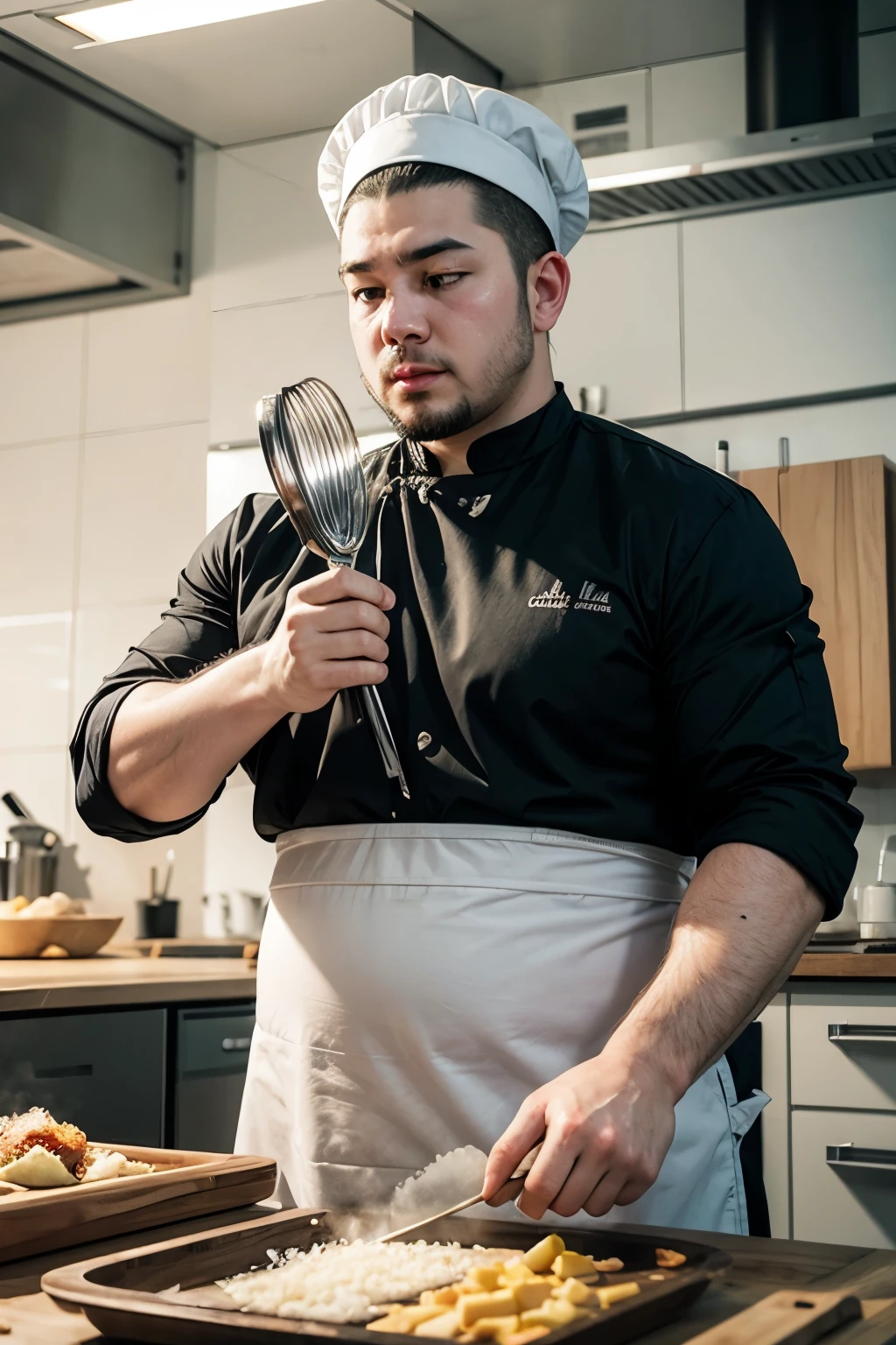 Create fat chef cutting onions in modern art style