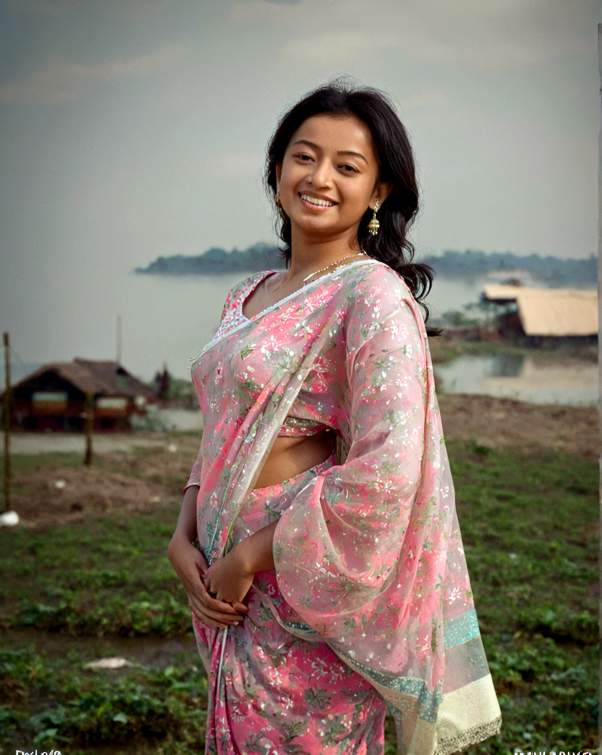 smiling woman in a pink and white sari standing in a field, dressed in a sari, wearing a sari, closeup portrait shot, wearing bihu dress mekhela sador, photo taken with canon 5d, shot with premium dslr camera, mid-shot portrait of a beautiful, mid shot portrait, portait image, with lovely look, joyful look