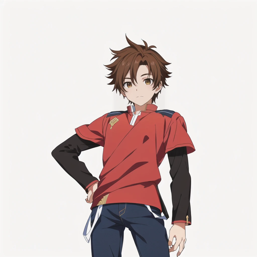 Highest quality, high resolution, High quality anime art style, Official Art, Smooth anime CG art, Stylized anime, Rendering of a young anime guy, Visual Novel Sprites, White background, whole body, Anime-style 3D, Smooth anime CG art, Humanoid Male, JRPG Characters, Anime boy in black denim and red shirt, Light brown hair anime boy, 14 years old
