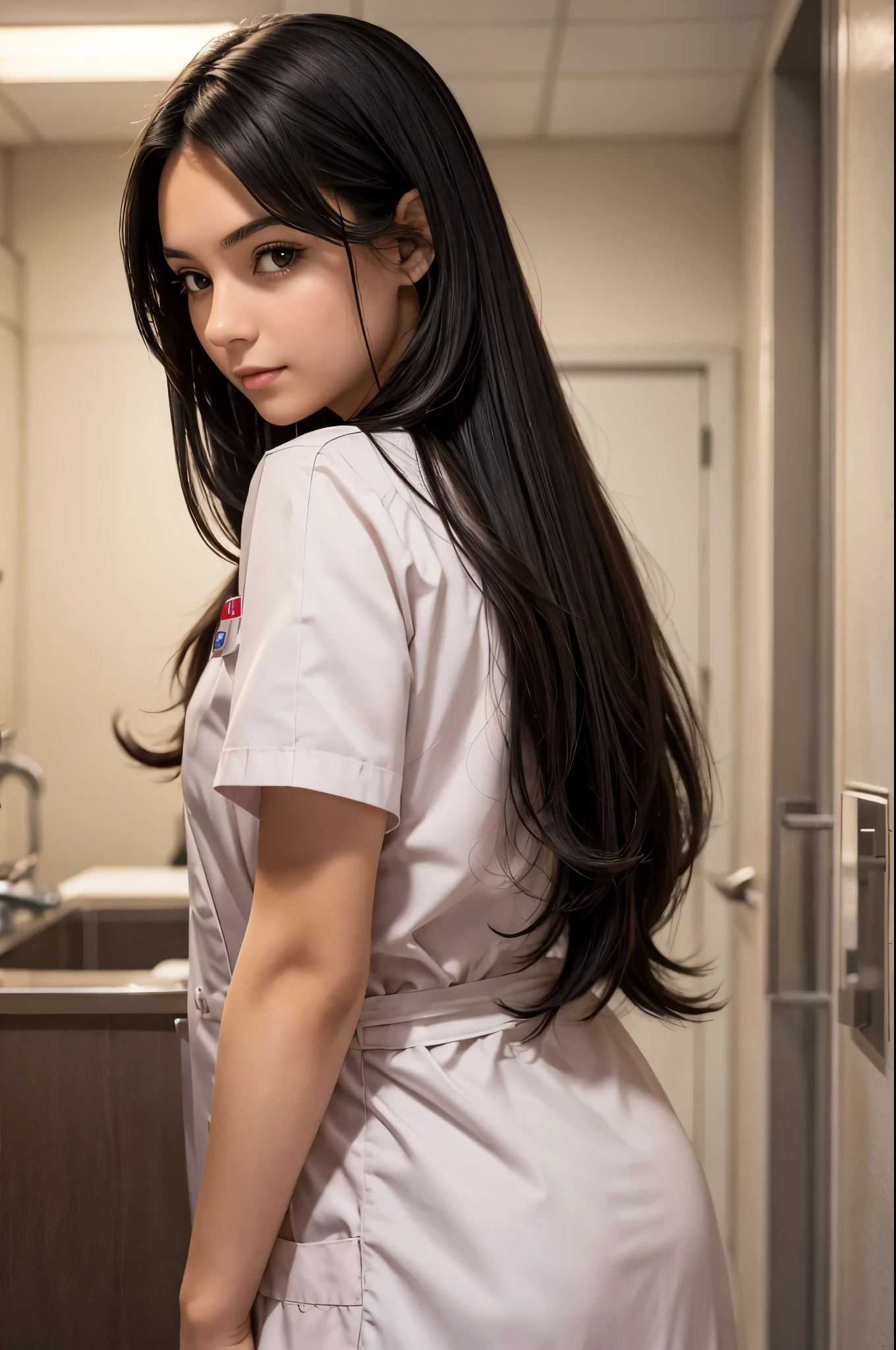 Beautiful black-haired girl with brown eyes and long hair in nurse&#39;s clothes in a clinic at night photo shoot 