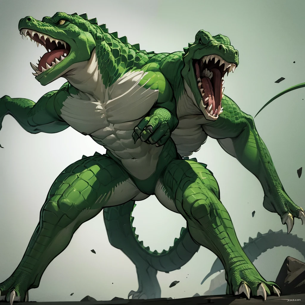 ((((No humans)))), reptiles, Humanity, Crocodile, green body, scale, There is nothing there, Crocodilian, facial, Muscular, green scale, teeth、get annoyed、Fighting stance、Fighting Pose、Movement angle、(White background)