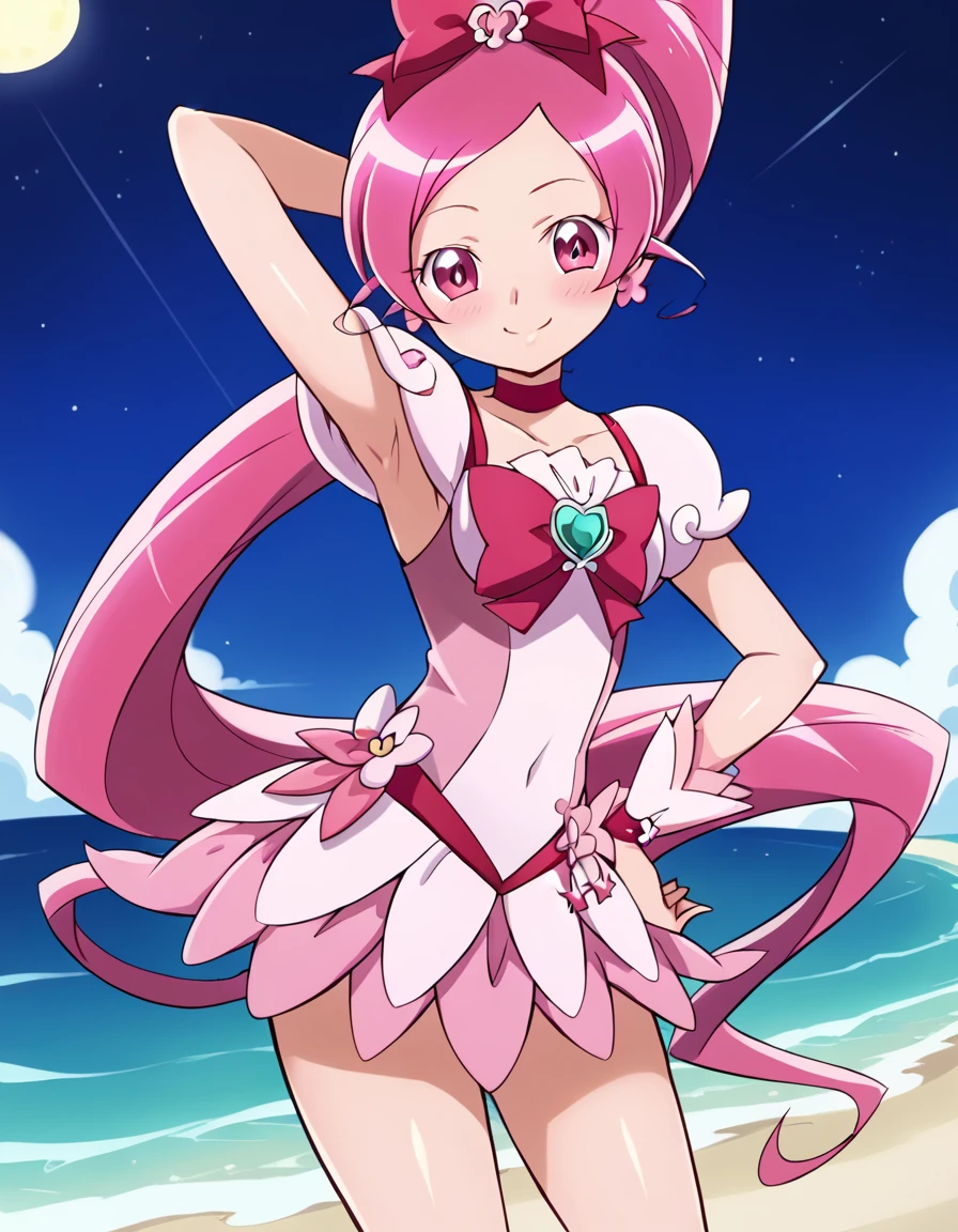 cureblossom, shiny skin, high quality, solo, 1girl, night sky, beach, arm behind head, hand on hip, sexy, (contrapposto), closed mouth, spread armpits, cowboy shot, looking at viewer, smile, best quality, blushing,