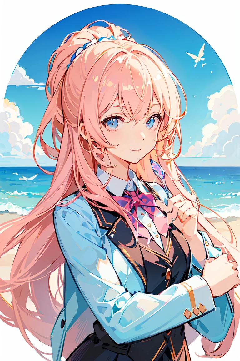 ((Highest quality)), ((Masterpiece 1.2)), (((Extremely delicate and beautiful))), ((Cute and delicate face)), Anime Moe Art Style, Anime Style 4K,Pixiv, One cute girl, Light pink hair, Fluffy long hair, Bangs, Plain white background, uniform, Turn around slightly, Navy blue blazer, Smiling closed mouth,