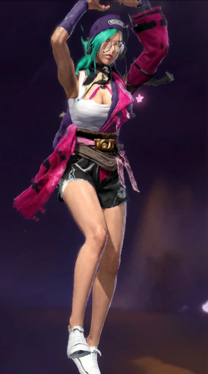 The image shows a character in a fighting game, wearing a white tank top and black shorts. The character has a pink scarf wrapped around their neck.