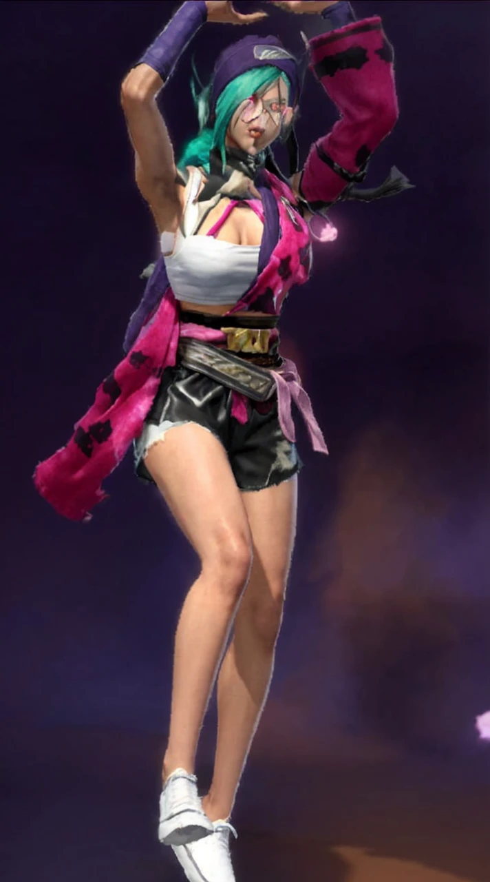 The image shows a character in a fighting game, wearing a white tank top and black shorts. The character has a pink scarf wrapped around their neck.