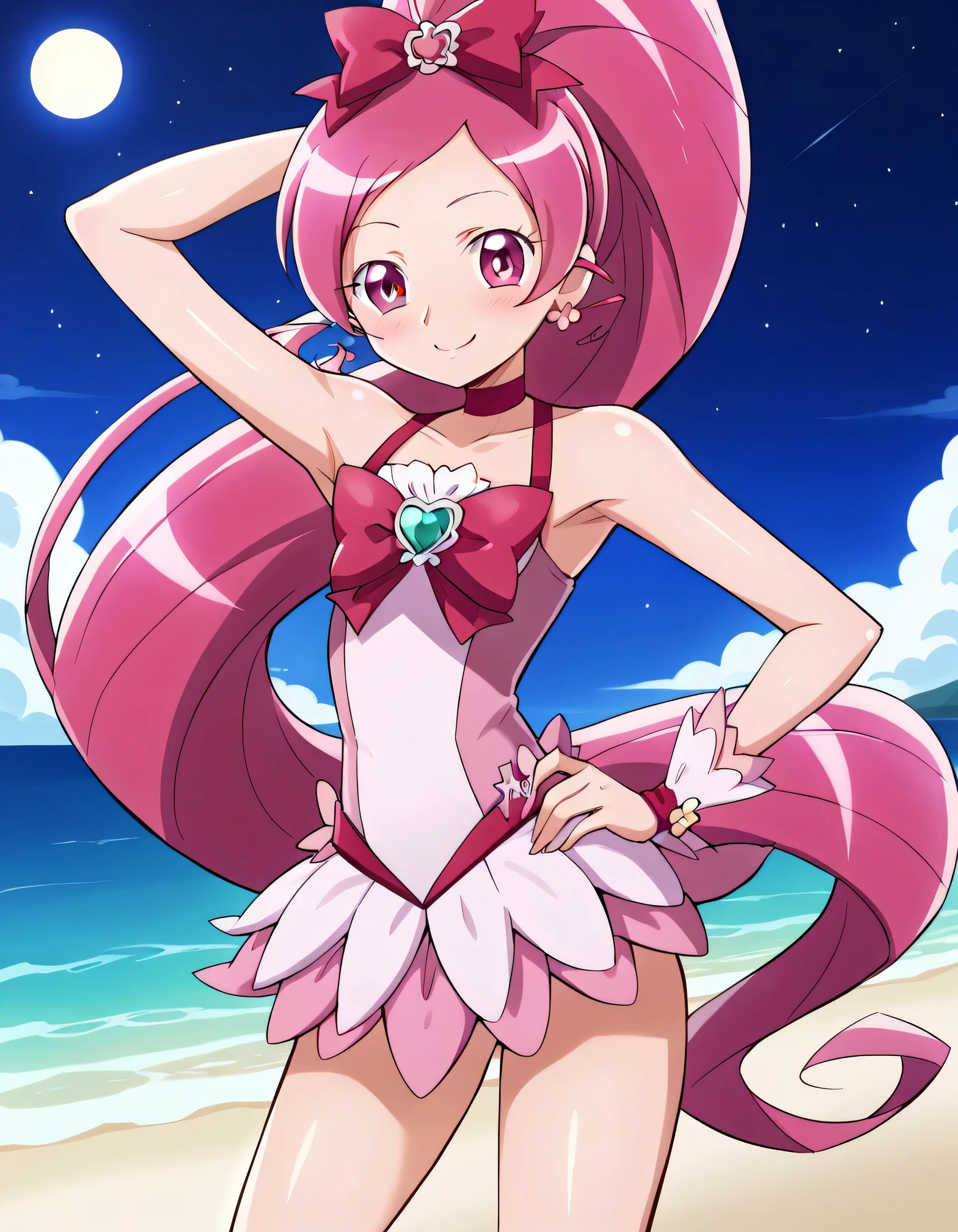 cureblossom, shiny skin, high quality, solo, 1girl, night sky, beach, arm behind head, hand on hip, sexy, (contrapposto), closed mouth, spread armpits, cowboy shot, looking at viewer, smile, best quality, blushing,