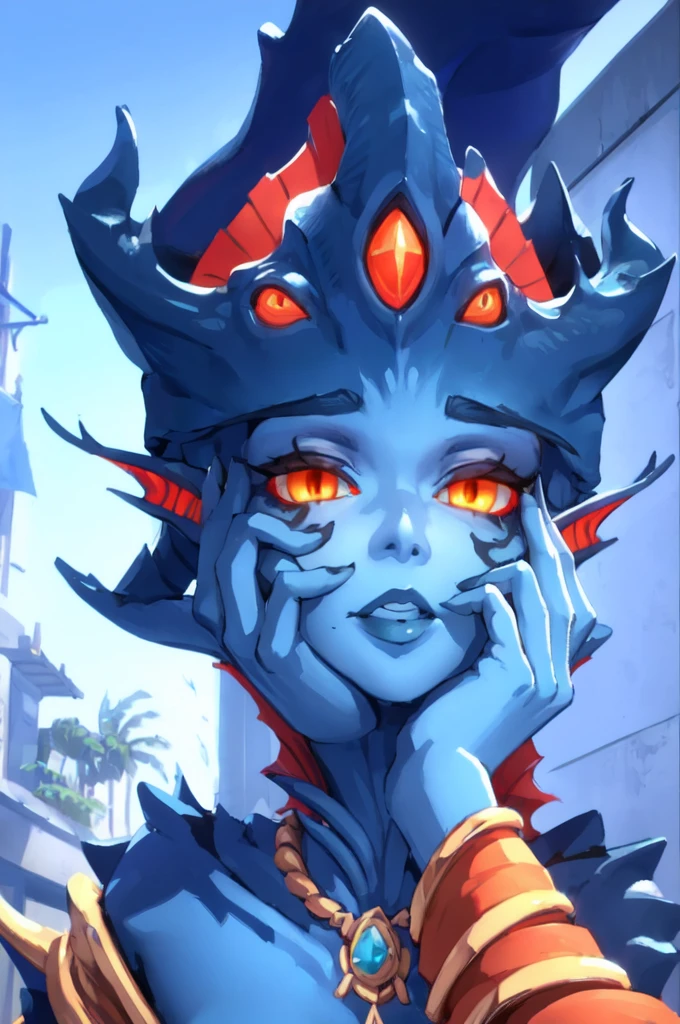 (high quality, detailed, 4K, masterpiece),
1girl, perfect face,
Naga Azshara, colored skin, blue skin, multiple eyes, orange eyes, tentacle hair, jewelry,
 yandere trance, yandere, hands on own face,hands on own cheeks, pirate hat, loose shirt, face focus