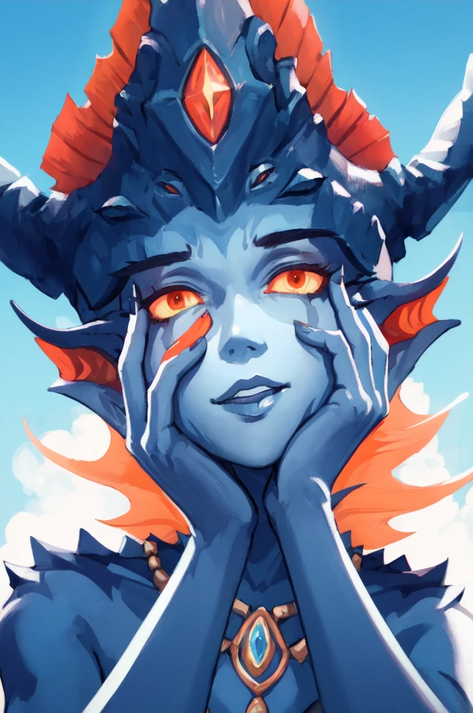 (high quality, detailed, 4K, masterpiece),
1girl, perfect face,
Naga Azshara, colored skin, blue skin, multiple eyes, orange eyes, tentacle hair, jewelry,
 yandere trance, yandere, hands on own face,hands on own cheeks, pirate hat, loose shirt, face focus