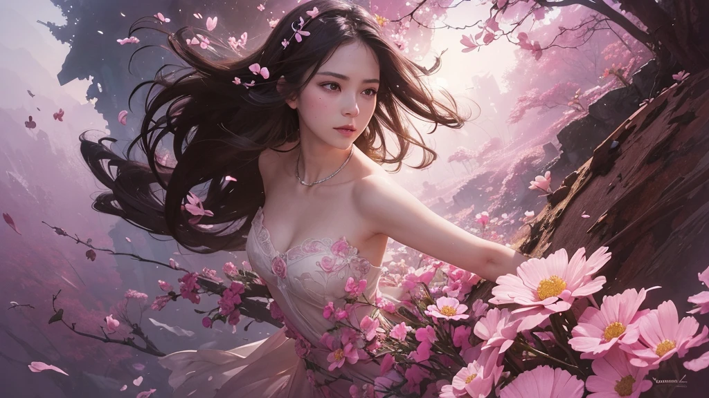 32k, Masterpiece, Highest quality, One girl, Detailed eyes, flower,Sandersonia, Pink and brown style,A dreamy, romantic piece,Pale pink, Mysterious Leaves,A playful arrangement,Fantasy,High Contrast,Ink strokes,explosion,Exposure, Impression of pink and brown tones,Abstract,((Watercolours by John Berkey and Jeremy Mann )) Brush strokes,Negative Space, Tyndall effect,