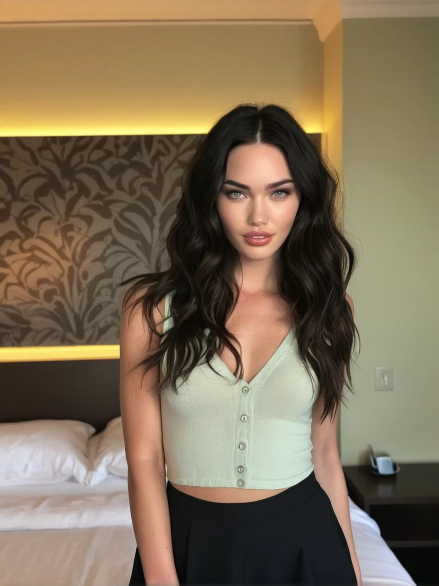 a realistic instagram photo of a [ really beautiful exotic androgynous supermodel 19 year old woman] , with [long, dark hair, short beachy waves hair style ] , looks like [Megan FOX] and [Adriana Lima], light makeup, looking [innocent, shy smile, cute, flushed] , [light] hotel --ar 9:16 --stylize 750 --v 6
