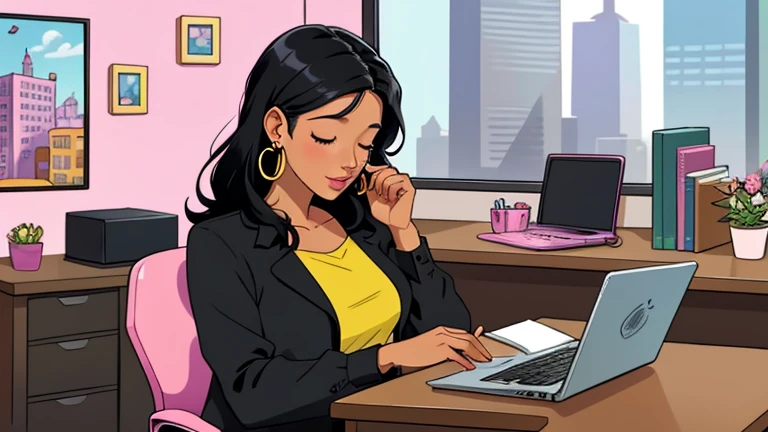 Beautiful black-hair woman in her 30s sitting pink chair in an spacious and colorful office. looking down and closing her eyes, relaxed atmosphere, cozy, LOFI girl, blouse, desk, documents, laptop, pen, watch, smartphone, stationery, wide glass window, only five fingers, New York, colorful, can see skyscrapers outside the window, colorful wall, pierced earrings, ring, cabinet, offee cup, Well-proportioned face, In the background there are many desks and people.
