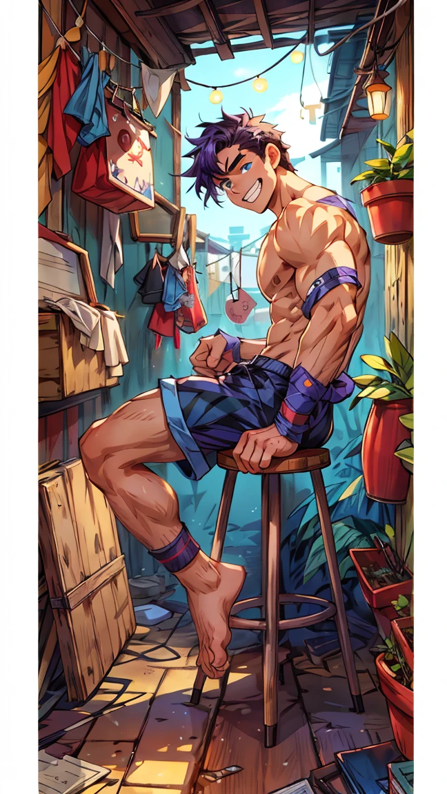 （masterpiece，best quality，H），1 person，Boys，My face was red，Shy，（muscular），Exquisite eyes，nude，(nude)，Wearing only striped shorts，blue eyes，Shirtless，（whole body），short blue-purple hair，（fluorescent lamp），（One color），（（Blue Background）），Sit on a low stool，Back against the wall，（Grin），barefoot，