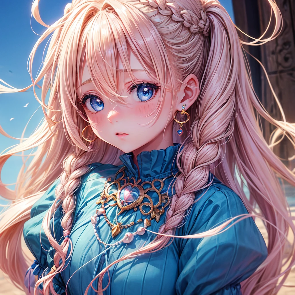 Girl with wavy blonde hair with pink highlights, tied in braids and adorned with white ribbons,big, expressive blue eyes,flushed cheeks that give a cute and pretty appearance, wearing a blue necklace and dangling earrings, delicate and charming look. The surprised expression