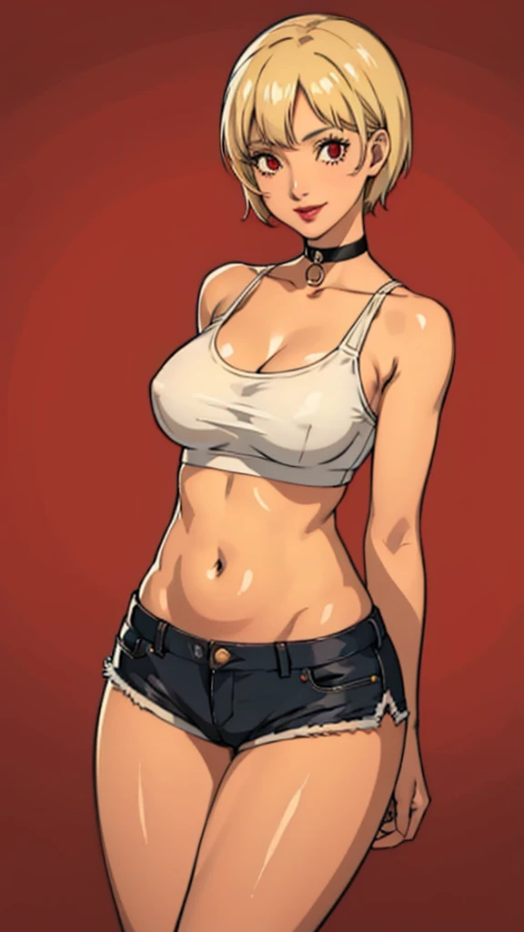 1 girl, milf, Red eyes, very short hair, black choker, lipstick, smile, Blonde, medium breast, cowboy shot , wheatskin, belly, short shirt, extreme micro shorts, thicc legs,