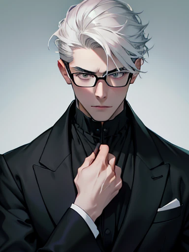  A pale man with a thin face, slanted gray eyes, His hair is black and reaches down to his shoulders, Black Costume、Wearing black-rimmed glasses