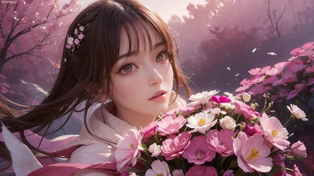 32k, Masterpiece, Highest quality, One girl, Detailed eyes, flower,Sandersonia, Pink and brown style,A dreamy, romantic piece,Pale pink, Mysterious Leaves,A playful arrangement,Fantasy,High Contrast,Ink strokes,explosion,Exposure, Impression of pink and brown tones,Abstract,((Watercolours by John Berkey and Jeremy Mann )) Brush strokes,Negative Space, Tyndall effect,