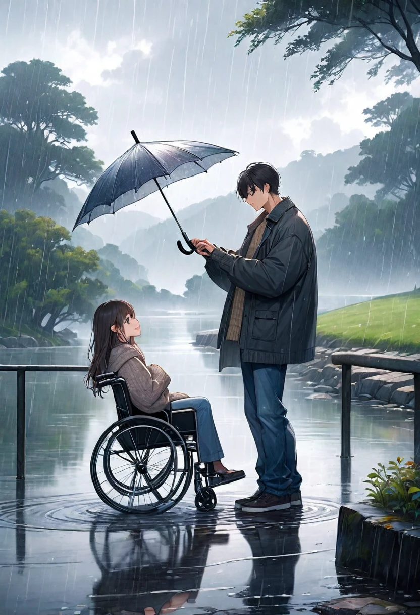 A touching scene on a picturesque bridge during a rainy day. A young man is standing next to a girl sitting in a wheelchair, holding an umbrella over her to keep her dry. The young man has a gentle smile and is dressed in a casual jacket and jeans, while the girl is wearing a warm sweater with a blanket over her lap. The bridge, made of old stone with ornate railings, stretches over a calm river, with raindrops creating ripples on the water's surface. The background showcases a misty, lush landscape with trees and distant hills, adding a romantic and serene ambiance to the scene. The overall mood is one of care, compassion, and serene beauty.