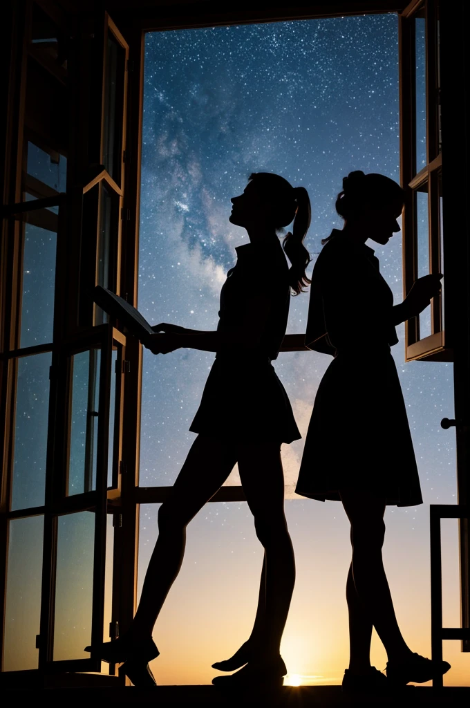 Silhouette of 2 girls, one being a scientist and the other a fairy