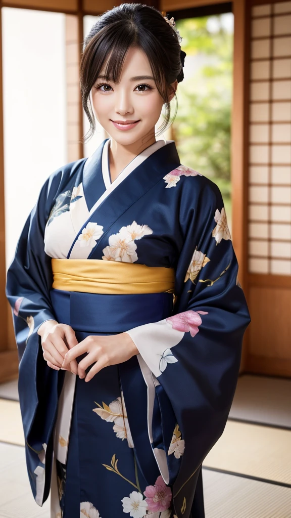 (Super beautiful woman in kimono)、((highest quality、8K masterpiece:1.3))、sharp focus:1.2、(super beautiful face:1.0)、(shiny skin:1.0)、realistic pictures、black hair、video lighting、High resolution eyes and face、video lighting、japanese actress、from the front、with a happy smile、whole body、wearing a kimono、in Kyoto、(luxury obi)、Brush your hair up with your fingers.