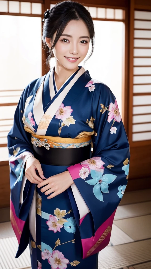 (Super beautiful woman in kimono)、((highest quality、8K masterpiece:1.3))、sharp focus:1.2、(super beautiful face:1.0)、(shiny skin:1.0)、realistic pictures、black hair、video lighting、High resolution eyes and face、video lighting、japanese actress、from the front、with a happy smile、whole body、wearing a kimono、in Kyoto、(luxury obi)、Brush your hair up with your fingers.