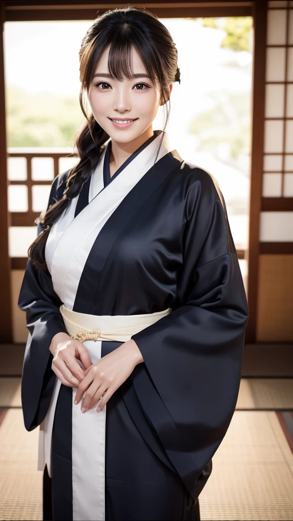 (Super beautiful woman in kimono)、((highest quality、8K masterpiece:1.3))、sharp focus:1.2、(super beautiful face:1.0)、(shiny skin:1.0)、realistic pictures、black hair、video lighting、High resolution eyes and face、video lighting、japanese actress、from the front、with a happy smile、whole body、wearing a kimono、in Kyoto、(luxury obi)、Brush your hair up with your fingers.