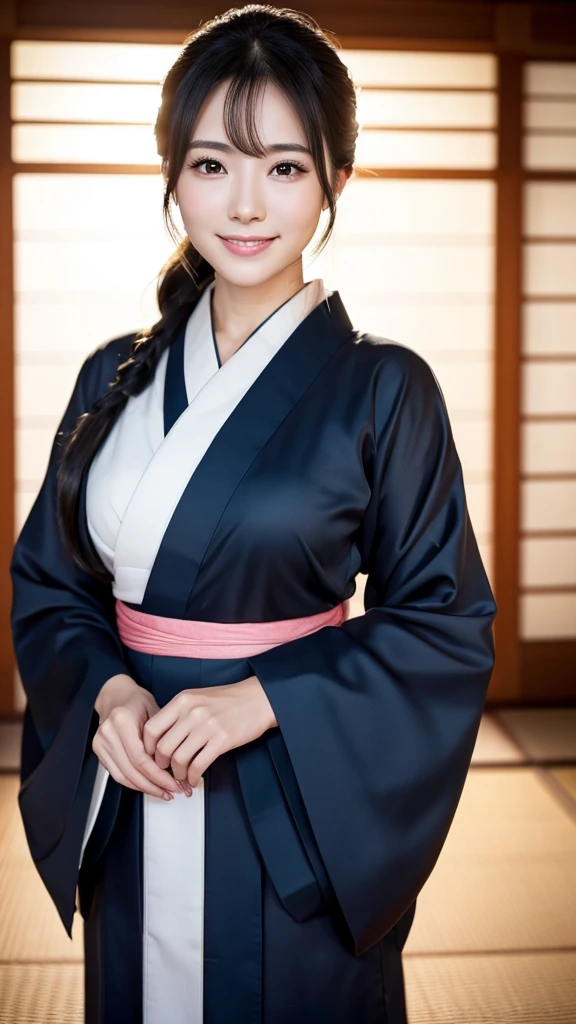 (Super beautiful woman in kimono)、((highest quality、8K masterpiece:1.3))、sharp focus:1.2、(super beautiful face:1.0)、(shiny skin:1.0)、realistic pictures、black hair、video lighting、High resolution eyes and face、video lighting、japanese actress、from the front、with a happy smile、whole body、wearing a kimono、in Kyoto、(luxury obi)、Brush your hair up with your fingers.