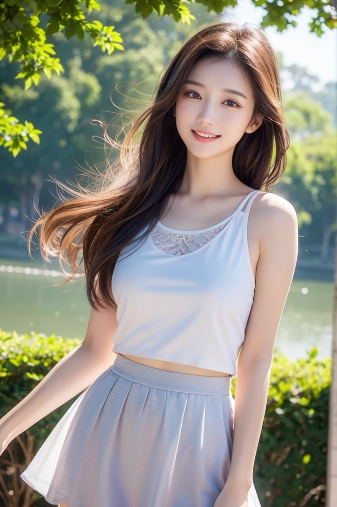 8K Super Resolution、Beauty、One Woman、Dark Brown Hair:1.1、Highly detailed face、Lips detail、important、(Eyes meet)、double eyelid、Princess Eyes、Beautiful Japanese Women、Beautiful Japanese Women、Sensual lips、Bewitching body、20th Generation、(21 years old)、far and near method、 Realistic Japanese women、Wearing a super realistic detailed tank top and mini skirt、Hair blowing in the wind、I can see your chest、Crisp images、The delicate sparkle of the eyes、Ultra-realistic detailed park with river、color々Hair style、Smiling with a nice smile、There is a thick fog in the background、Fantastic landscape、