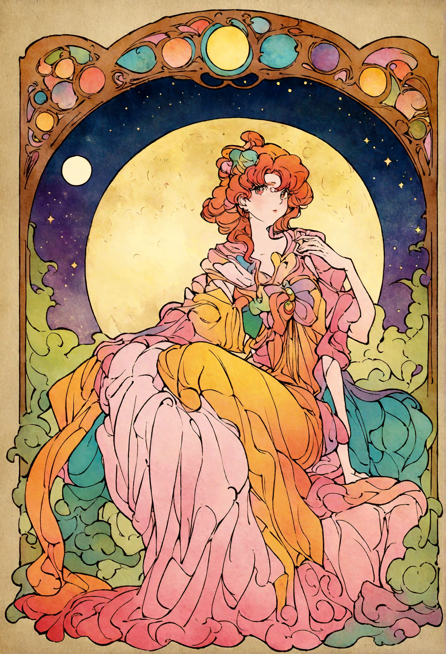 A painting of a woman sitting on a bed with the moon behind her, Dreamy illustration, Inspired by Audrey Kawasaki, Anime Art Nouveau cosmic display, loish art style, Inspired by Naoko Takeuchi, Anime Art Nouveau, Loish and clamp styles, Illustration Line art style, Sailor Moon aesthetics, Anime Graphic Illustration, Drawn in a whimsical style, Soft anime illustration