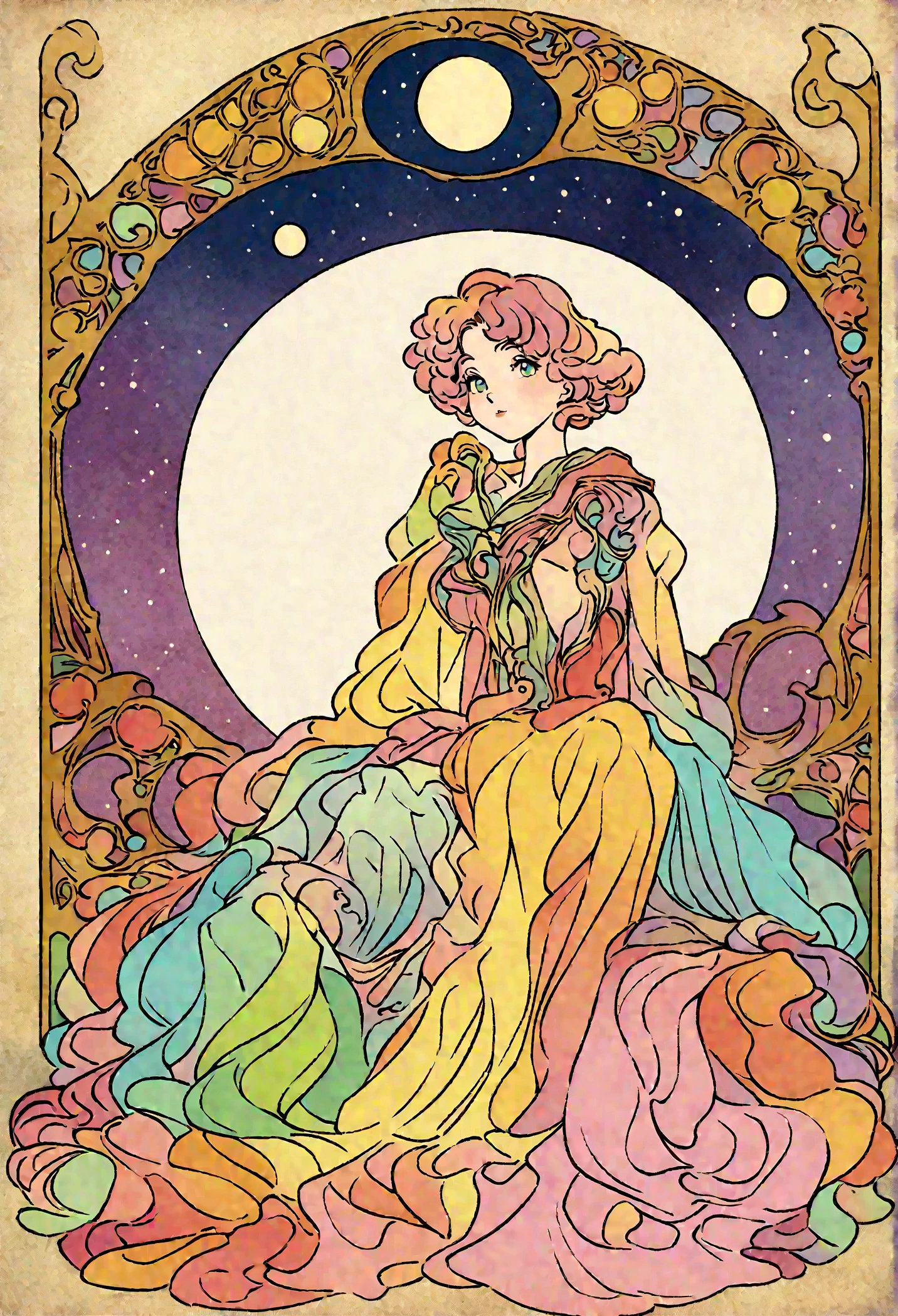 A painting of a woman sitting on a bed with the moon behind her, Dreamy illustration, Inspired by Audrey Kawasaki, Anime Art Nouveau cosmic display, loish art style, Inspired by Naoko Takeuchi, Anime Art Nouveau, Loish and clamp styles, Illustration Line art style, Sailor Moon aesthetics, Anime Graphic Illustration, Drawn in a whimsical style, Soft anime illustration