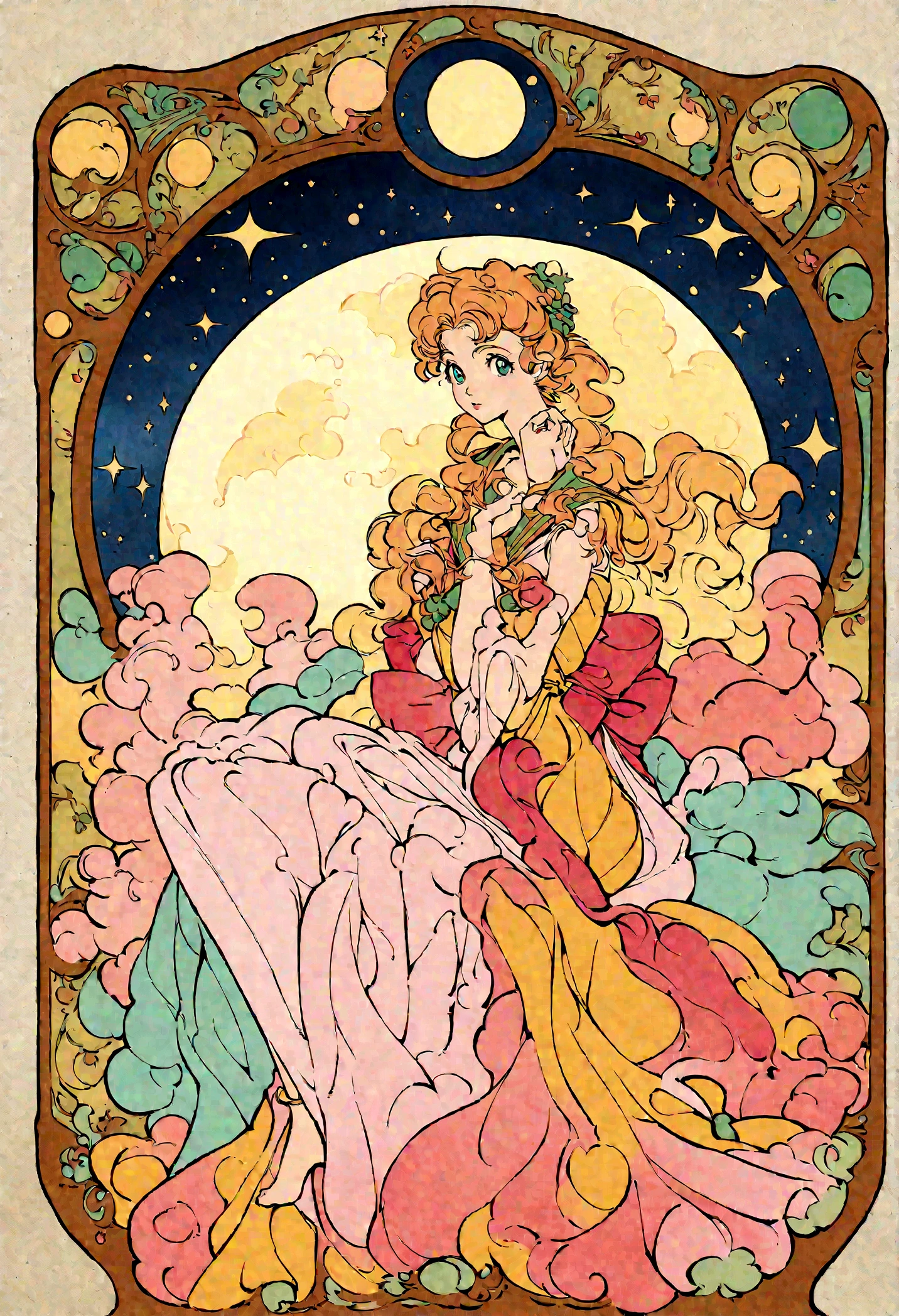A painting of a woman sitting on a bed with the moon behind her, Dreamy illustration, Inspired by Audrey Kawasaki, Anime Art Nouveau cosmic display, loish art style, Inspired by Naoko Takeuchi, Anime Art Nouveau, Loish and clamp styles, Illustration Line art style, Sailor Moon aesthetics, Anime Graphic Illustration, Drawn in a whimsical style, Soft anime illustration