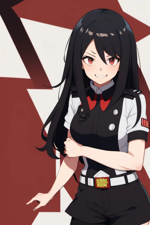 A girl with the anime style of my hero academia and in uniform with black hair and her hair covering part of her face and sharp eyes, one black and one red, smiling anime style