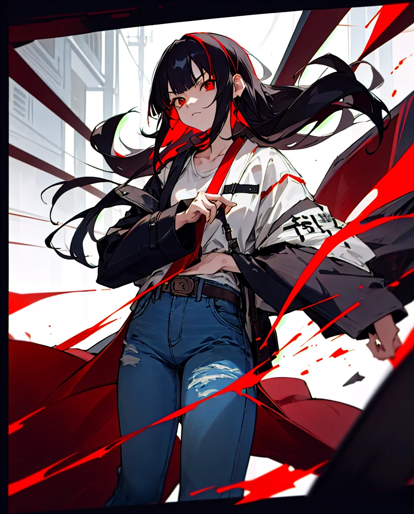 Tokyo Revengers screenshot. 16 year old girl, long straight black hair with red and white highlights and bangs. She has red eyes and has a serious expression, while she held a book in her hand. She is dressed in a black trench coat with urban details with white Japanese letters on the right sleeve, underneath she has a loose white t-shirt and baggy jeans, and she is wearing headphones. She is standing in an alley at night. Tokyo Revengers drawing style.