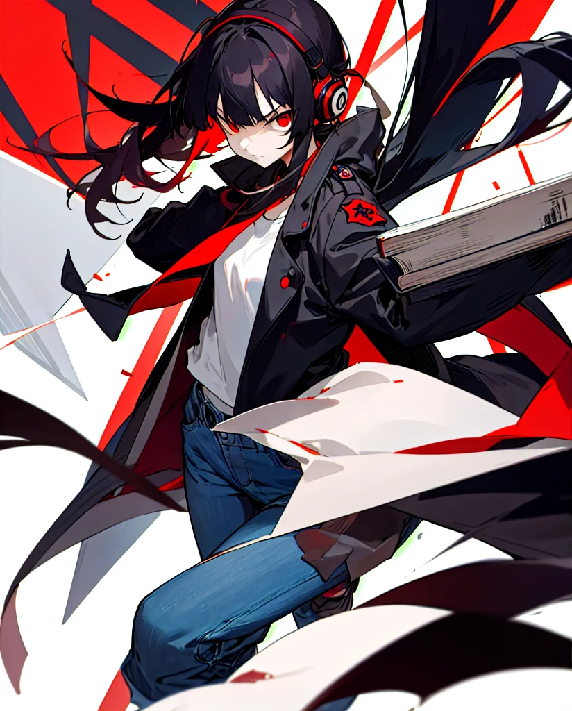 Tokyo Revengers screenshot. 16 year old girl, long straight black hair with red and white highlights and bangs. She has red eyes and has a serious expression, while she held a book in her hand. She is dressed in a black trench coat with urban details with white Japanese letters on the right sleeve, underneath she has a loose white t-shirt and baggy jeans, and she is wearing headphones. She is standing in an alley at night. Tokyo Revengers drawing style.