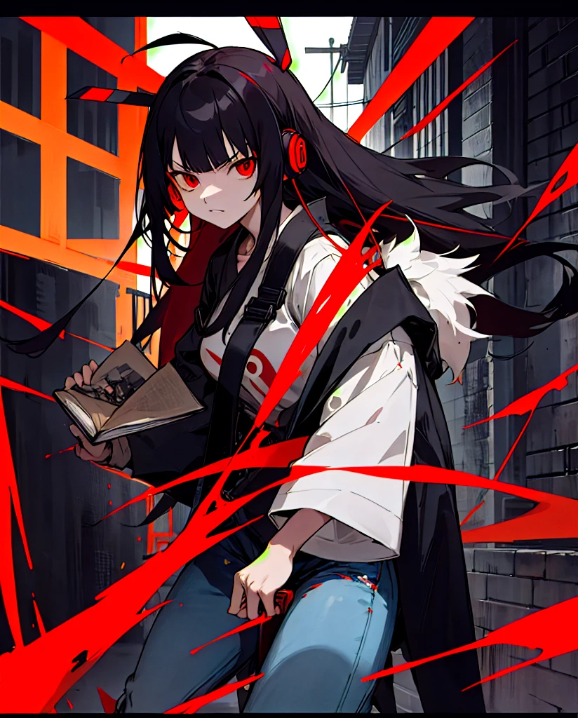 Tokyo Revengers screenshot. old girl, long straight black hair with red and white highlights and bangs. She has red eyes and has a serious expression, while she held a book in her hand. She is dressed in a black trench coat with urban details with white Japanese letters on the right sleeve, underneath she has a loose white t-shirt and baggy jeans, and she is wearing headphones. She is standing in an alley at night. Tokyo Revengers drawing style.