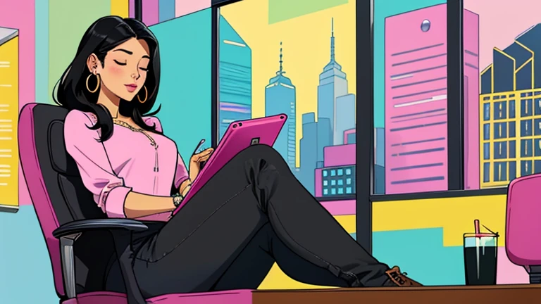 Beautiful black-hair woman in her 30s sitting pink chair in an spacious and colorful office. looking down and closing her eyes, relaxed atmosphere, cozy, LOFI girl, blouse, desk, documents, laptop, pen, watch, smartphone, stationery, wide glass window, only five fingers, New York, colorful, can see skyscrapers outside the window, colorful wall, pierced earrings, ring, cabinet, offee cup, Well-proportioned face, In the background there are many desks and people.