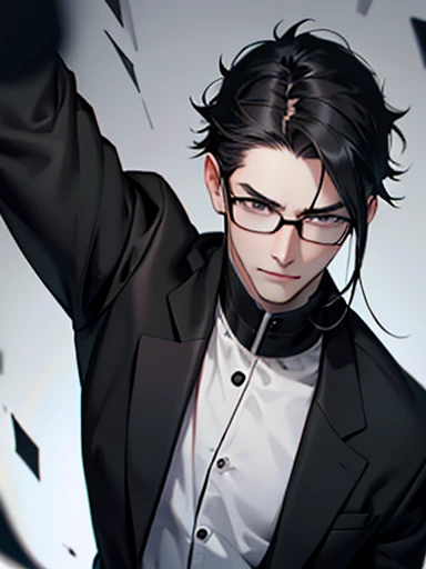  A pale man with a thin face, slanted gray eyes, Long black hair, Black Costume、Wearing black-rimmed glasses