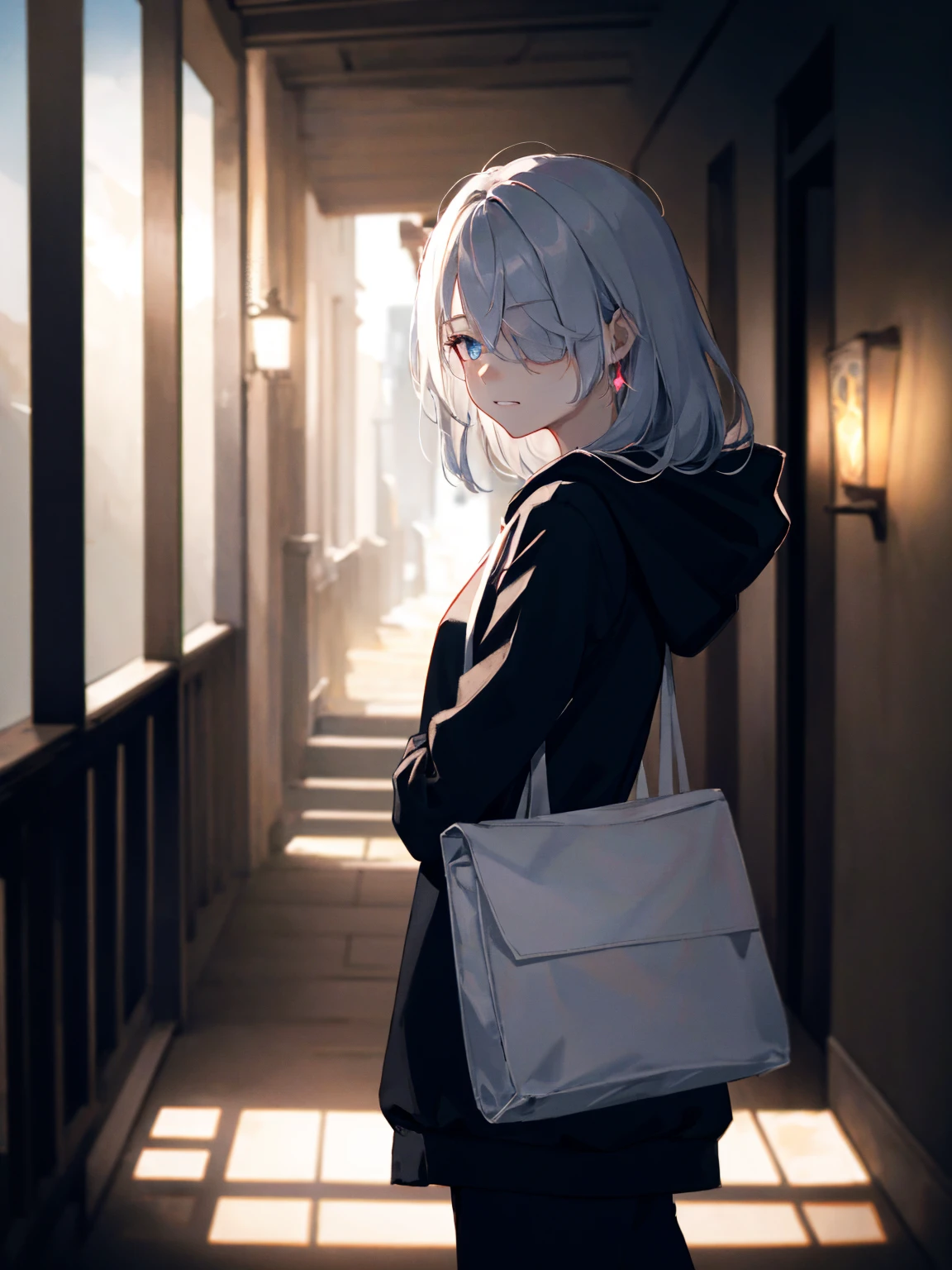 ((masterpiece, best quality)), highres, 8k, cinematic light, high contrast, depth of field, intense glow, girl standing at the end of a dark staircases, light at the end of dark corridor, dark hallway, simple background, 1girl, cute, detailed eyes, sparkle in eyes, detailed iris, grin, stylized, (glowing_hair:1.3), (hair over one eye), mystery, expressionless, emotionless, (heterochromia), hood, hoodie, dark hood, black hoodie, scary, death figure, holding a lantern, glowing lantern, facing down