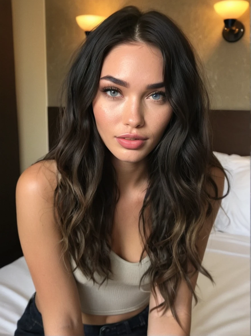 a realistic instagram photo of a [ really beautiful exotic androgynous supermodel 19 year old woman] , with [long, dark hair, short beachy waves hair style ] , looks like [Megan FOX] and [Adriana Lima], light makeup, looking [innocent, shy smile, cute, flushed] , [light] hotel --ar 9:16 --stylize 750 --v 6
