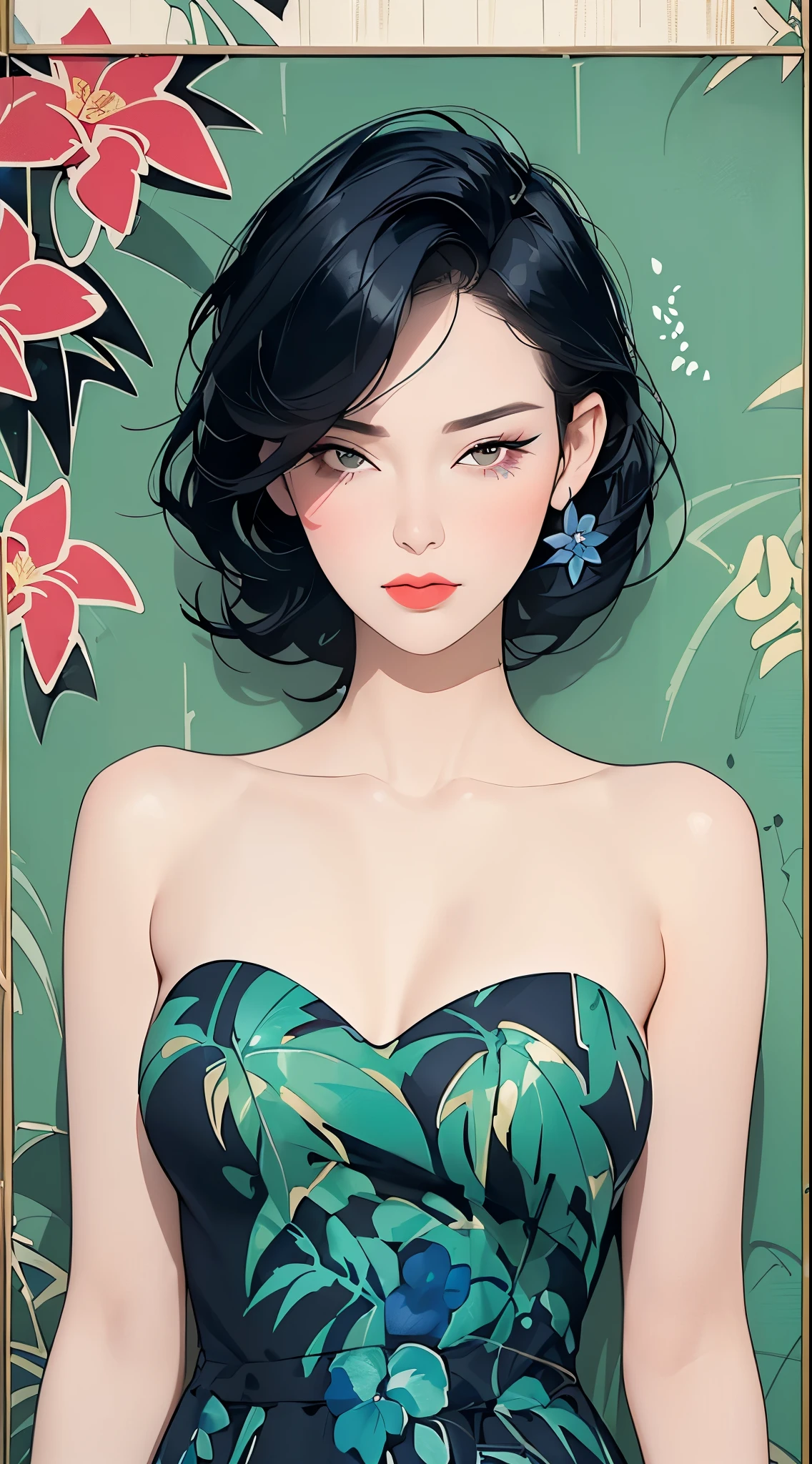 a woman in a navy blue dress standing in front of flowers, ((Art style by Patrick Nagel)), ((8k, wallpaper, detailed)), dark sunglasses, korean popstar, short black hair, pretty hands, fringe, simple red background, palm trees, (graffiti wall:1.2), strong, courageous, art by Patrick Nagel