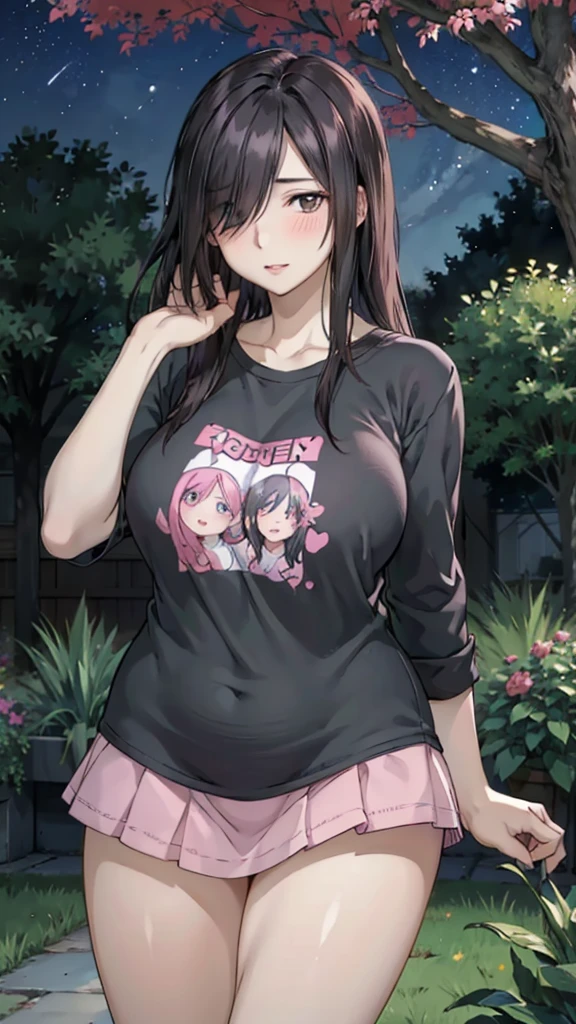 Cute mommy, mature women, realistic skin,perfect ,black hair, long hair, (hair over one eye:1.4), messy hair, hair between eyes, cute shirt,pink mini skirt, chubby,plump,fat,pucker lips,cute shy blush on,garden, under tree,night