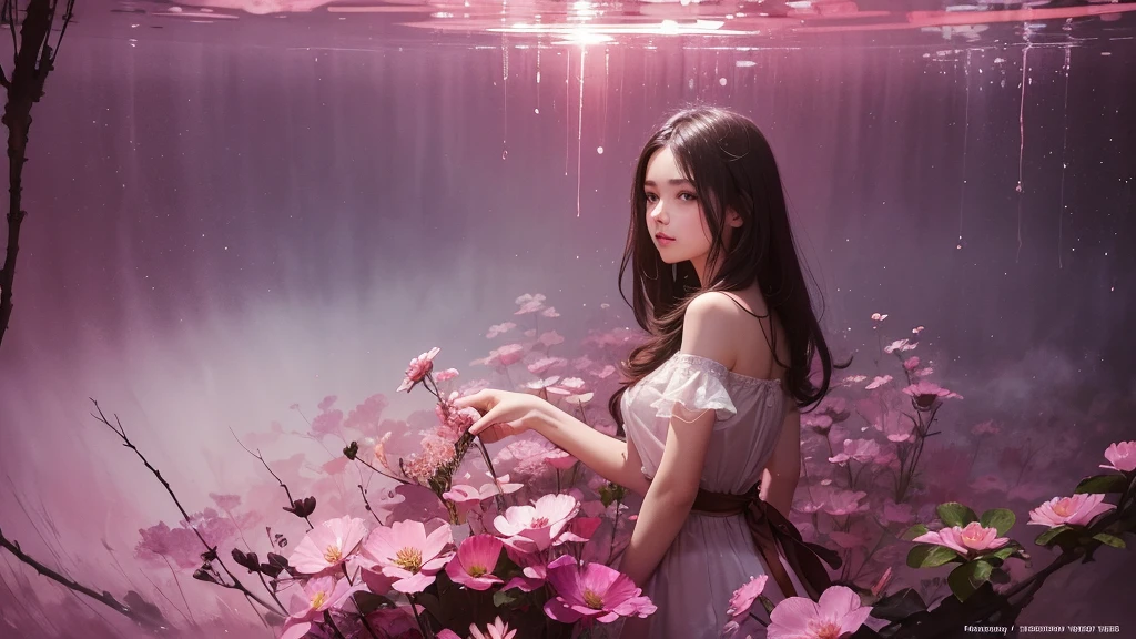 32k, Masterpiece, Highest quality, One girl, Detailed eyes, flower,Sandersonia, Pink and brown style,A dreamy, romantic piece,Pale pink, Mysterious Leaves,A playful arrangement,Fantasy,High Contrast,Ink strokes,explosion,Exposure, Impression of pink and brown tones,Abstract,((Watercolours by John Berkey and Jeremy Mann )) Brush strokes,Negative Space, Tyndall effect,