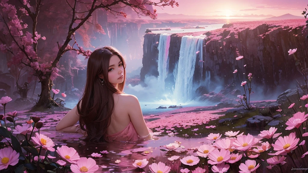 32k, Masterpiece, Highest quality, One girl, Detailed eyes, flower,Sandersonia, Pink and brown style,A dreamy, romantic piece,Pale pink, Mysterious Leaves,A playful arrangement,Fantasy,High Contrast,Ink strokes,explosion,Exposure, Impression of pink and brown tones,Abstract,((Watercolours by John Berkey and Jeremy Mann )) Brush strokes,Negative Space, Tyndall effect,
