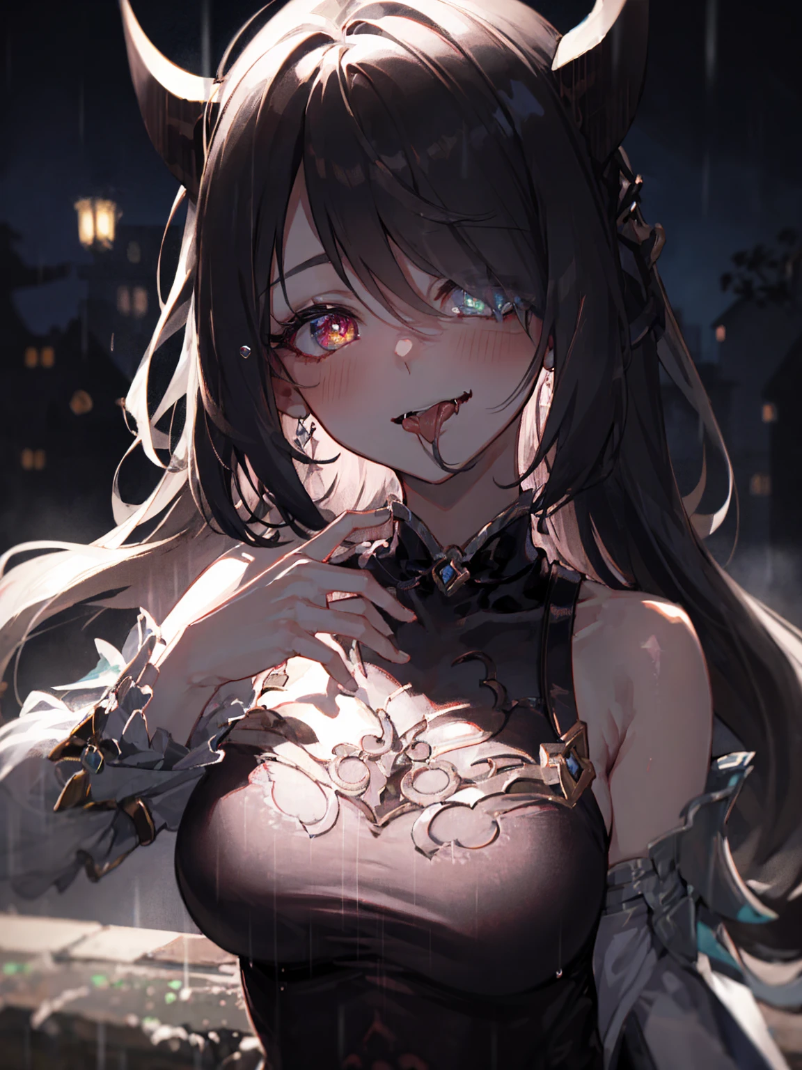 ((masterpiece, best quality)), highres, 8k, cinematic light, high contrast, depth of field, intense glow, simple background, darkness, abyssal, 1girl, cute, naughty, seductive smile, perfect arms, perfect hands, perfect fingers, detailed fingers, (heterochromia), (completely nude), close up, close shot, portrait of a girl, detailed eyes, glowing red eyes, sparkle in eyes, detailed iris, grin, stylized, (messy hair), (hair over one eye), luminous, fangs, demon horns, red horns, mouth wide open, tongue out, (heavy rain:1.3)