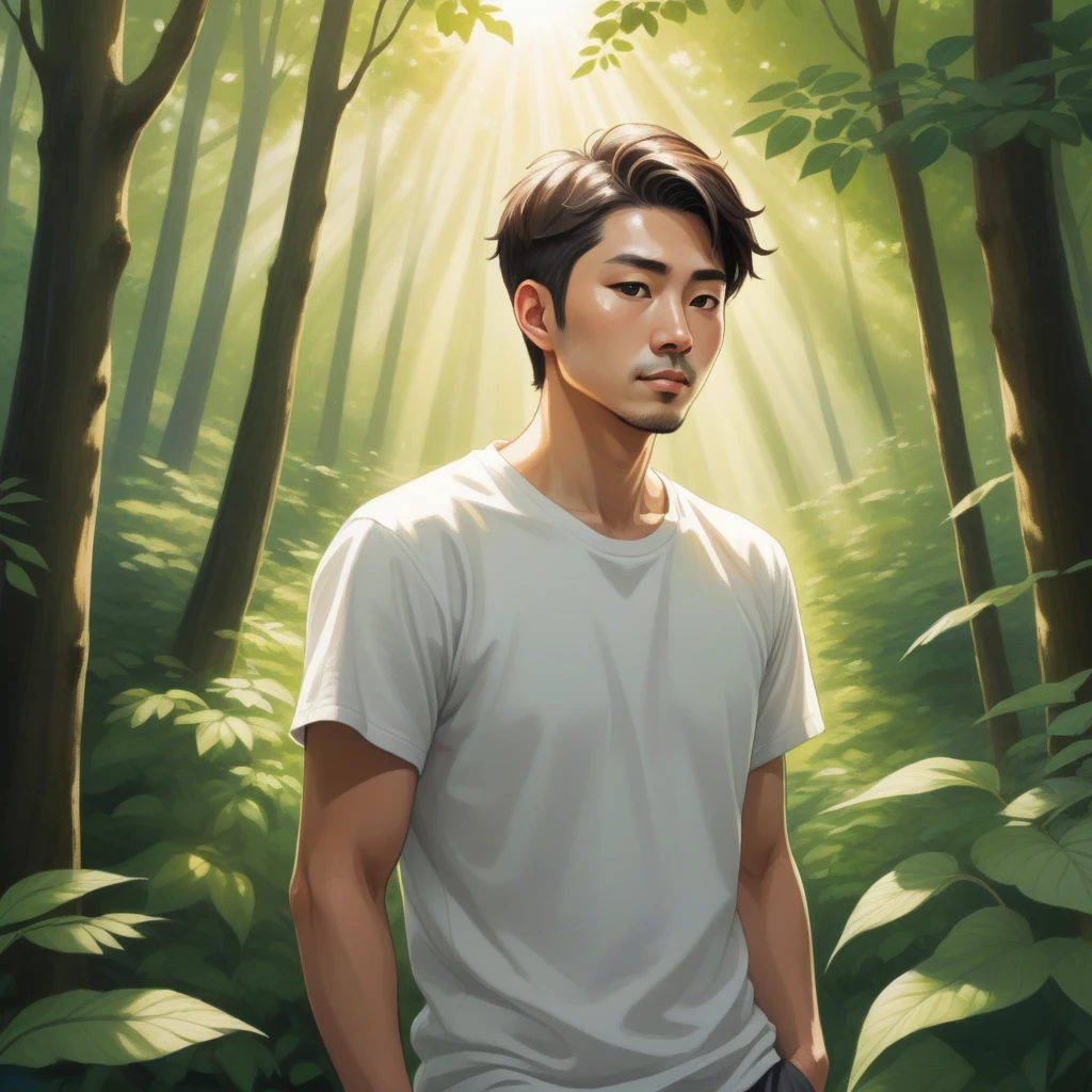 A hand-drawn illustration of a Japanese man in his early 30s with short hair, wearing a white T-shirt. His face is slightly obscured, his expression unclear. The background features a lush green forest bathed in sunlight, with dappled light and green leaves gently surrounding the man. The overall style should be warm and inviting, conveying a sense of peace, harmony with nature, and trustworthiness.