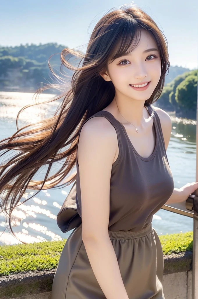 8K Super Resolution、Beauty、One Woman、Dark Brown Hair:1.1、Highly detailed face、Lips detail、important、(Eyes meet)、double eyelid、Princess Eyes、Beautiful Japanese Women、Beautiful Japanese Women、Sensual lips、Bewitching body、20th Generation、(21 years old)、far and near method、 Realistic Japanese women、Wearing a super realistic detailed tank top and mini skirt、Hair blowing in the wind、I can see your chest、Crisp images、The delicate sparkle of the eyes、Ultra-realistic detailed park with river、color々Hair style、Smiling with a nice smile、There is a thick fog in the background、Fantastic landscape、