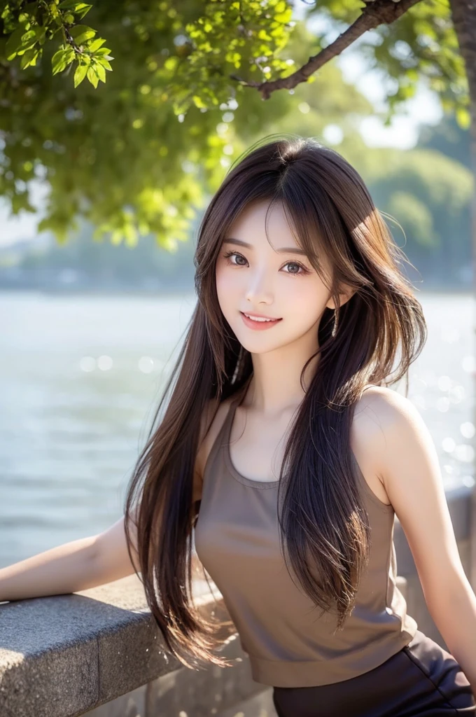 8K Super Resolution、Beauty、One Woman、Dark Brown Hair:1.1、Highly detailed face、Lips detail、important、(Eyes meet)、double eyelid、Princess Eyes、Beautiful Japanese Women、Beautiful Japanese Women、Sensual lips、Bewitching body、20th Generation、(21 years old)、far and near method、 Realistic Japanese women、Wearing a super realistic detailed tank top and mini skirt、Hair blowing in the wind、I can see your chest、Crisp images、The delicate sparkle of the eyes、Ultra-realistic detailed park with river、color々Hair style、Smiling with a nice smile、There is a thick fog in the background、Fantastic landscape、