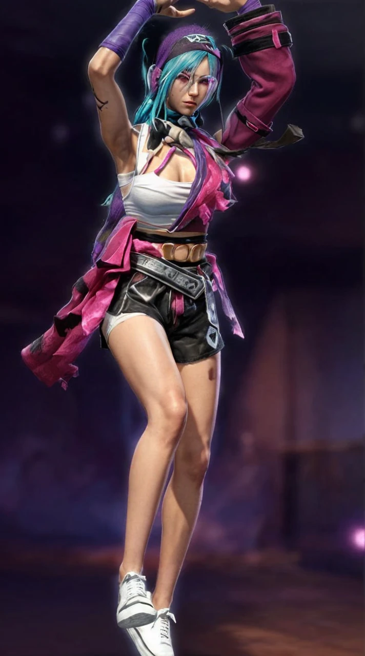 The image shows a character in a fighting game, wearing a white tank top and black shorts. The character has a pink scarf wrapped around their neck.